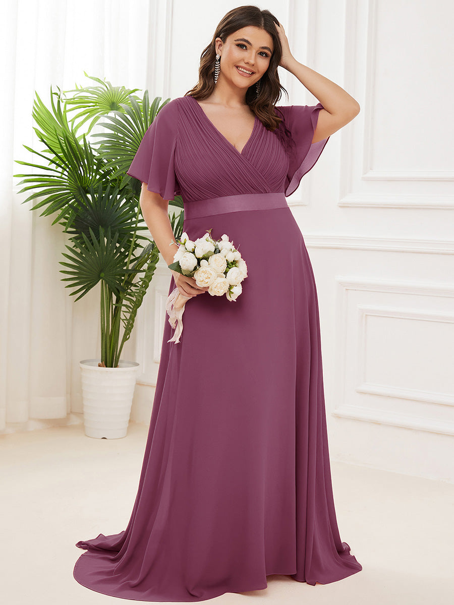 Damen V-Ausschnitt Chiffon Lange Abendkleider mit Schleppe #Farbe_Pflaumenviolett