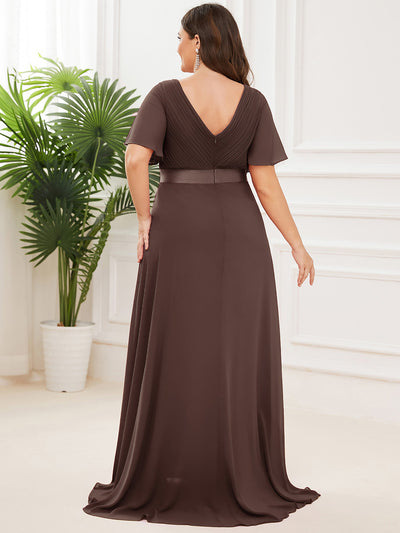 Damen V-Ausschnitt Lange Chiffon Abendkleider mit Schleppe #Farbe_Espressobraun