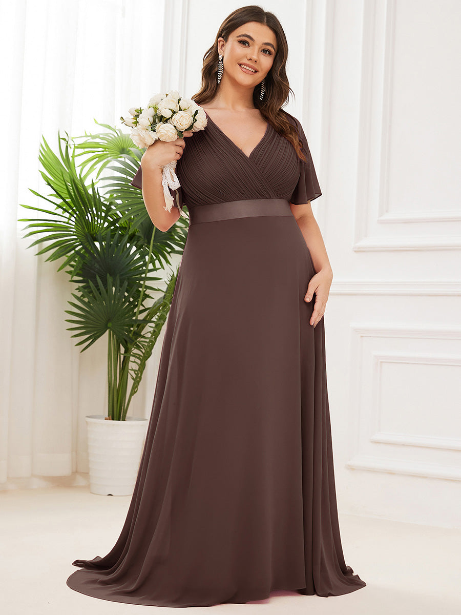 Damen V-Ausschnitt Chiffon Lange Abendkleider mit Schleppe #Farbe_ES