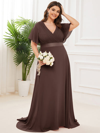Damen V-Ausschnitt Lange Chiffon Abendkleider mit Schleppe #Farbe_Espressobraun