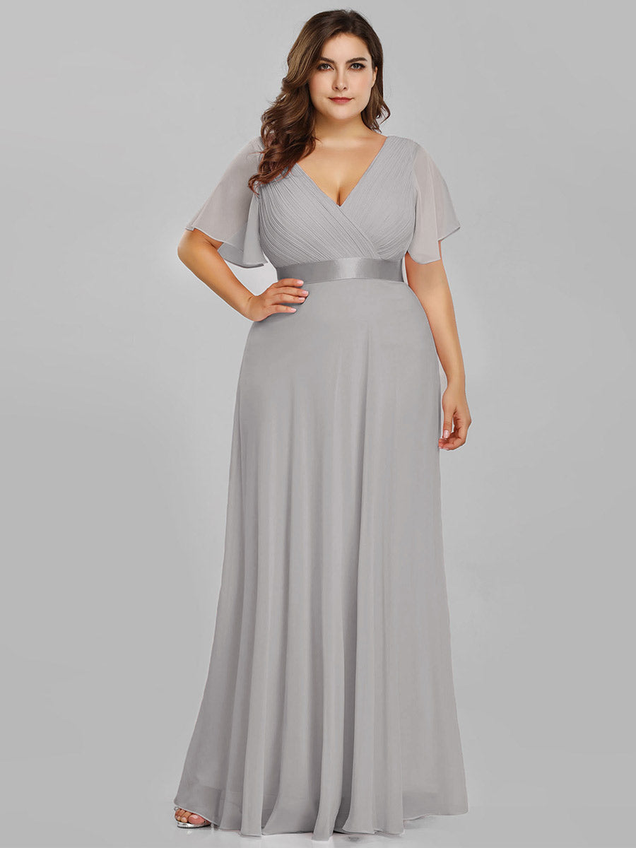 Damen V-Ausschnitt Lange Chiffon Abendkleider mit Schleppe #Farbe_Grau