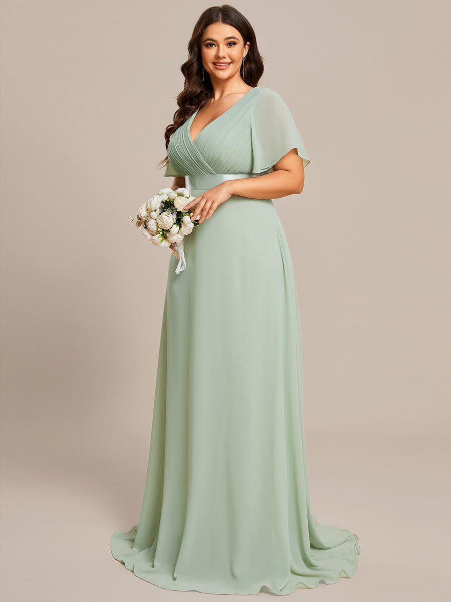 Damen V-Ausschnitt Chiffon Lange Abendkleider mit Schleppe #Farbe_Mintgrün