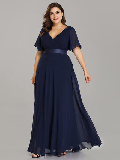 Damen V-Ausschnitt Lange Chiffon Abendkleider mit Schleppe #Farbe_Marineblau