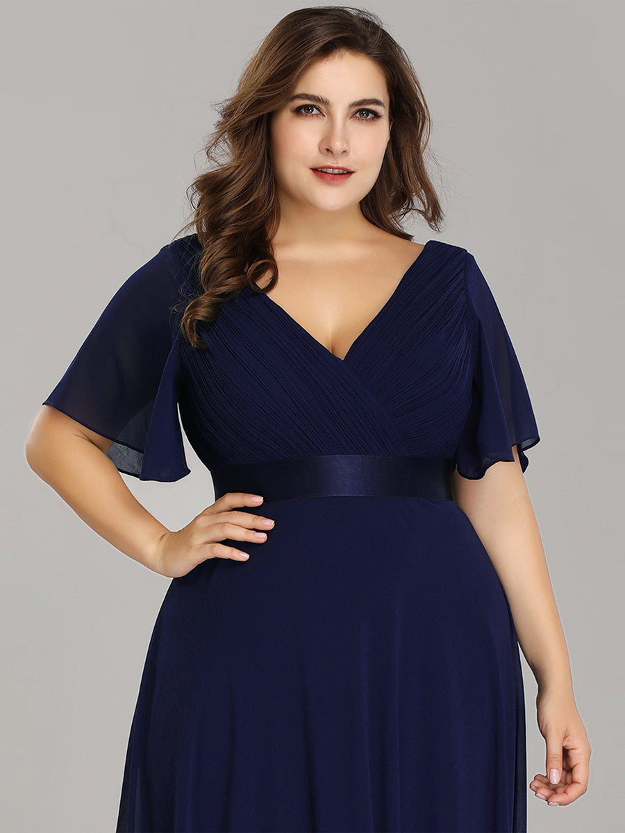 Damen V-Ausschnitt Lange Chiffon Abendkleider mit Schleppe #Farbe_Marineblau