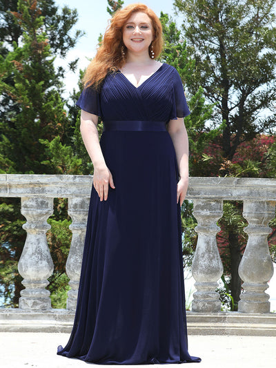 Damen V-Ausschnitt Chiffon Lange Abendkleider mit Schleppe #Farbe_Marineblau