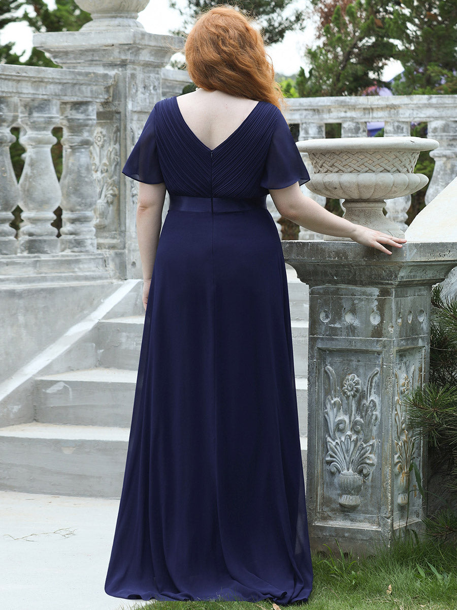 Damen V-Ausschnitt Lange Chiffon Abendkleider mit Schleppe #Farbe_Marineblau