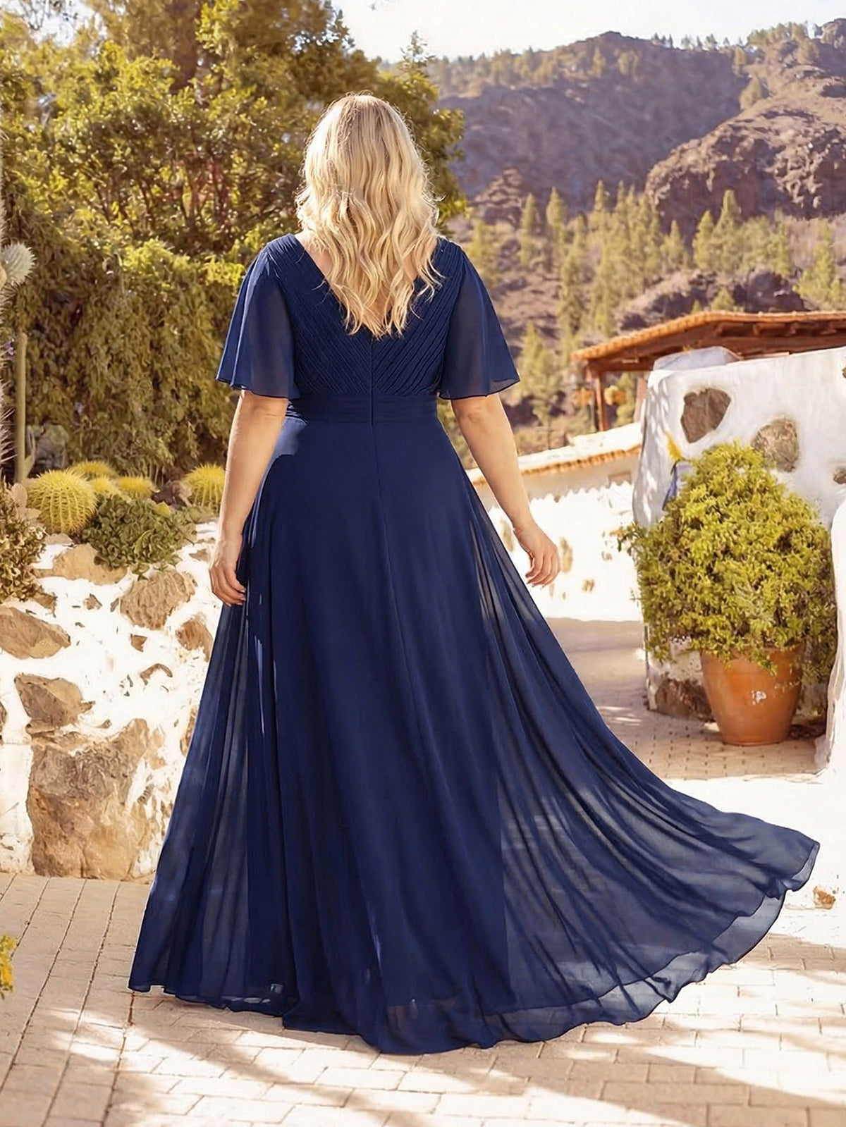 Damen V-Ausschnitt Lange Chiffon Abendkleider mit Schleppe #Farbe_Marineblau