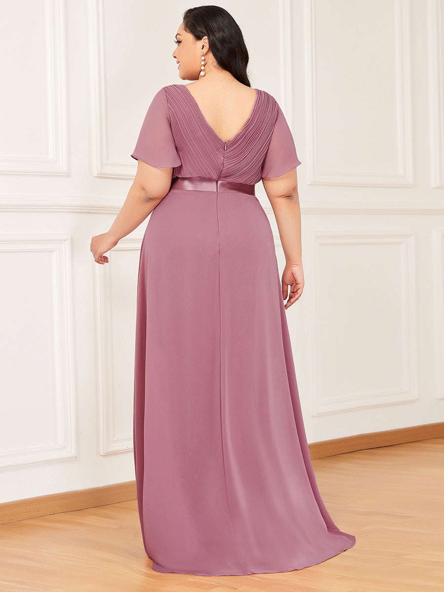 Damen V-Ausschnitt Chiffon Lange Abendkleider mit Schleppe #Farbe_Orchideenviolett