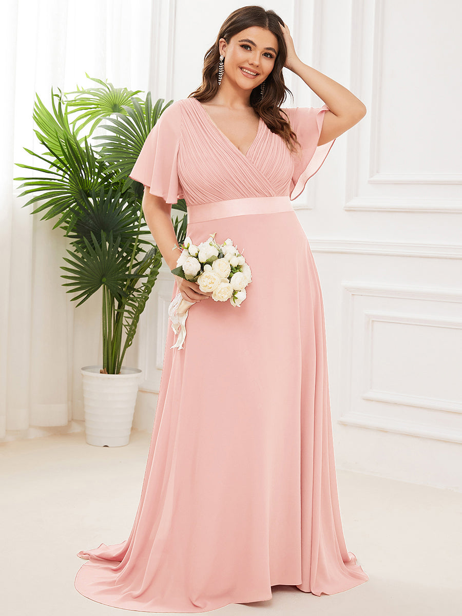 Langes Brautjungfernkleid mit Empire-Taille und kurzen, flatternden Ärmeln #Farbe_Rosa