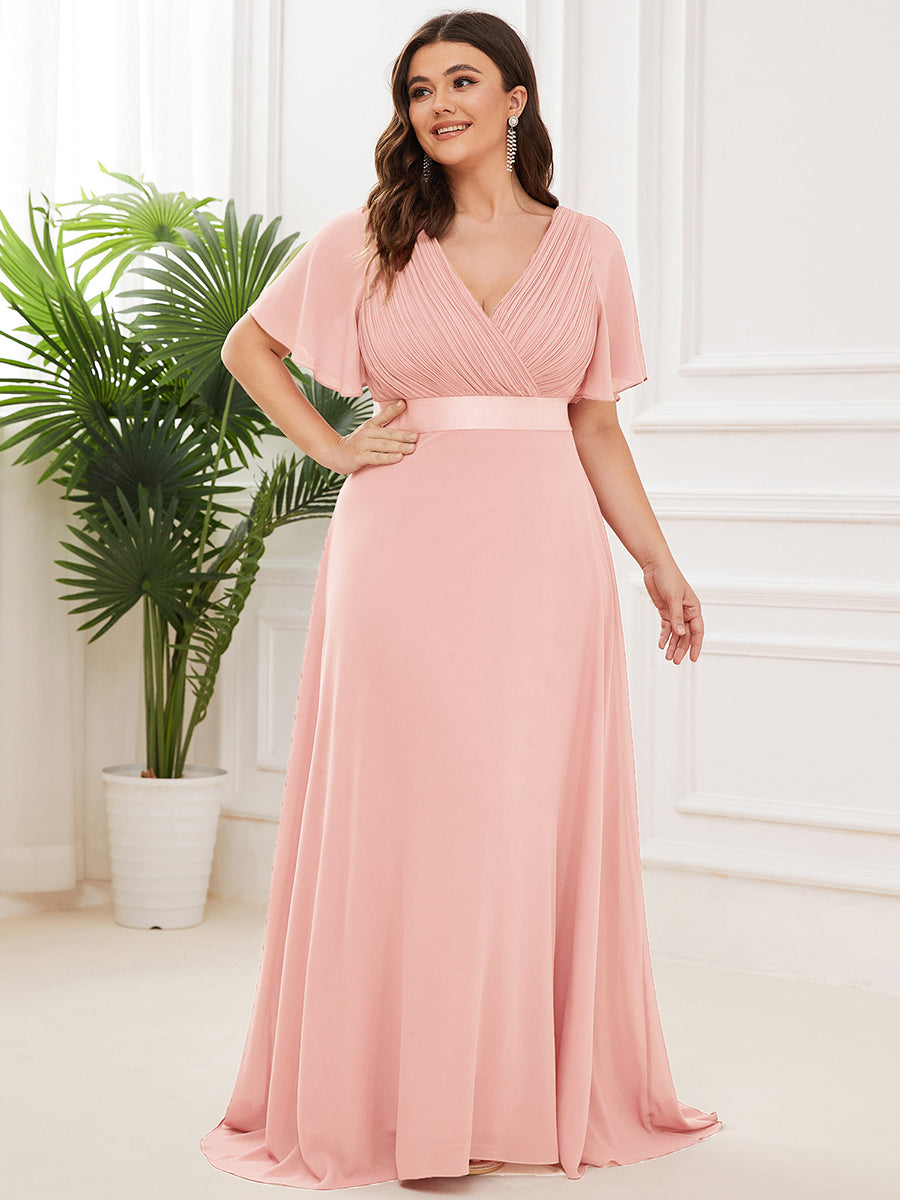 Damen V-Ausschnitt Chiffon Lange Abendkleider mit Schleppe #Farbe_Rosa