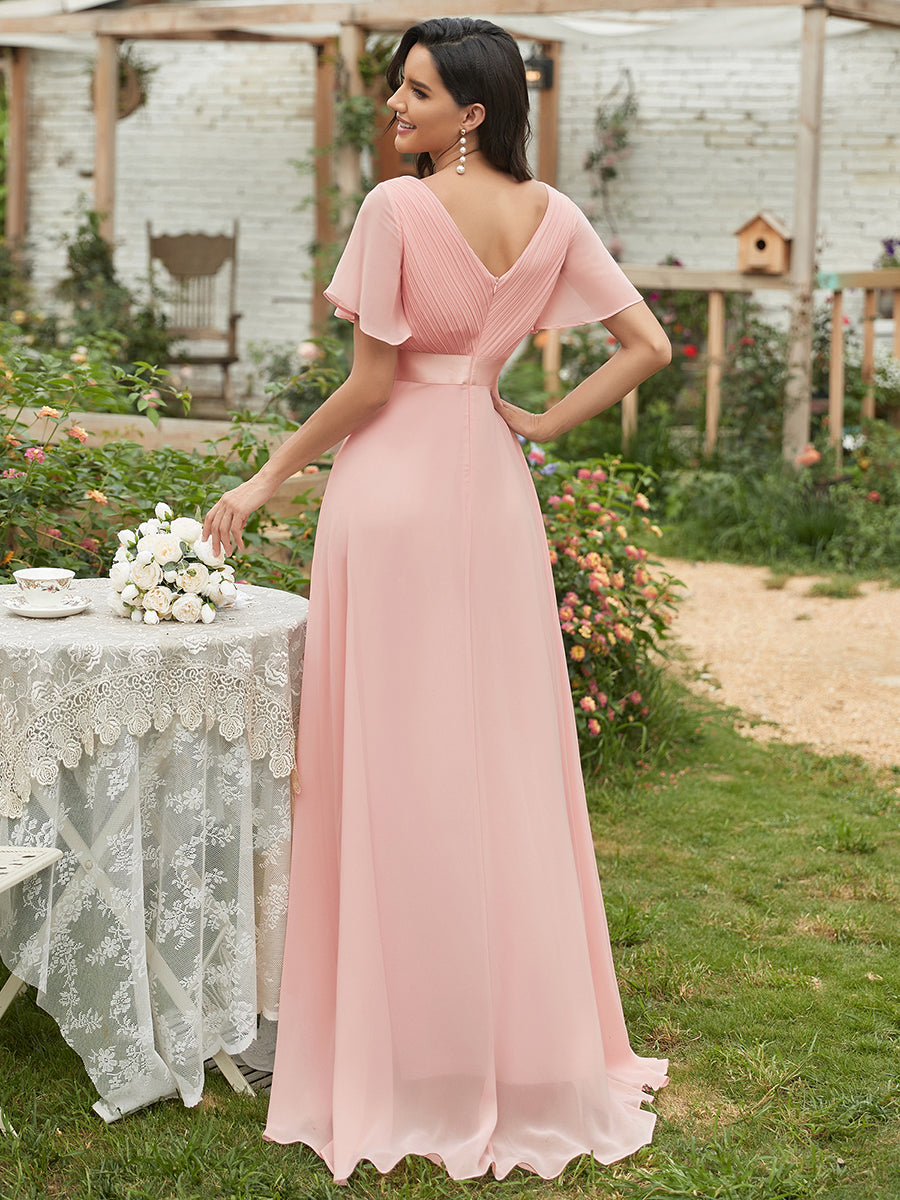 Langes Brautjungfernkleid mit Empire-Taille und kurzen, flatternden Ärmeln #Farbe_Rosa