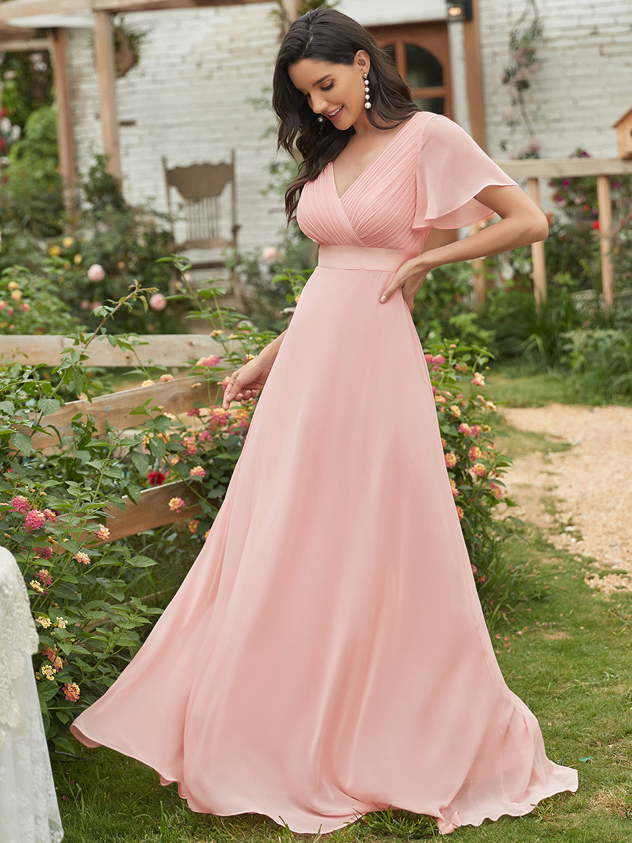 Langes Brautjungfernkleid mit Empire-Taille und kurzen, flatternden Ärmeln #Farbe_Rosa
