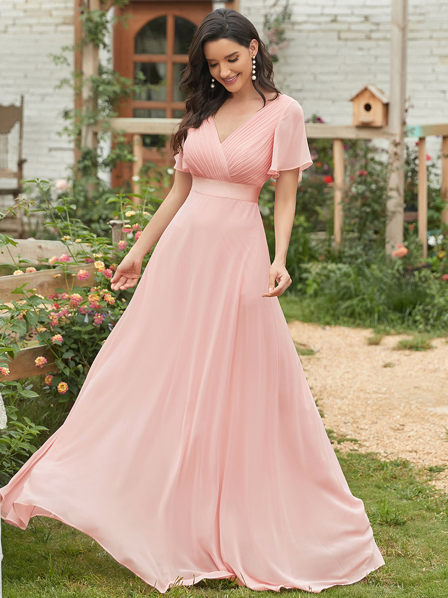 Langes Brautjungfernkleid mit Empire-Taille und kurzen, flatternden Ärmeln #Farbe_Rosa