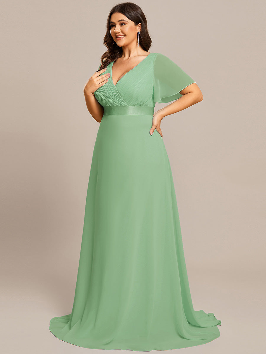 Damen V-Ausschnitt Chiffon Lange Abendkleider mit Schleppe #Farbe_Salbeigrün