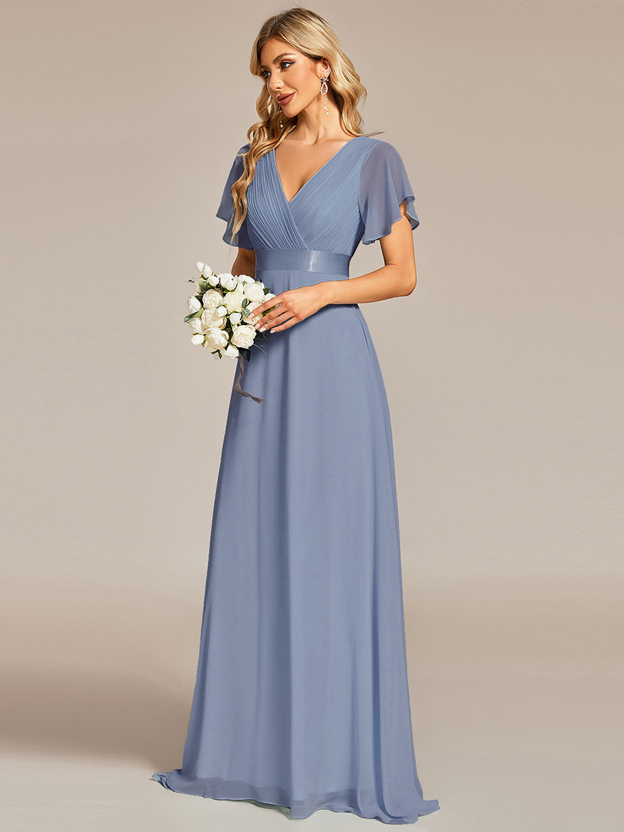 Minimalistisches A-Line Maxi Chiffon Brautkleid mit Satingürtel #Farbe_Schieferblau