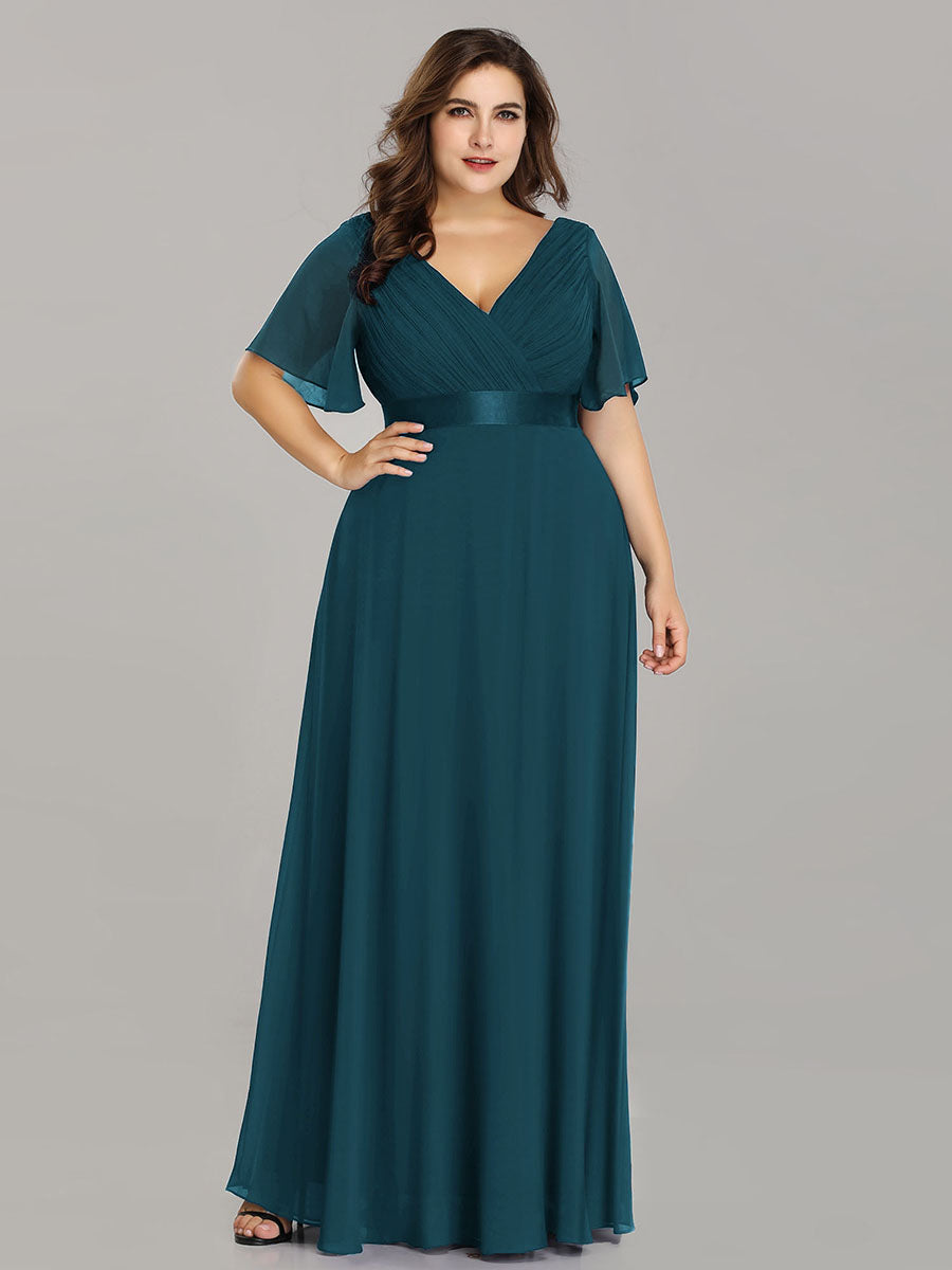 Damen V-Ausschnitt Chiffon Lange Abendkleider mit Schleppe #Farbe_Petrol