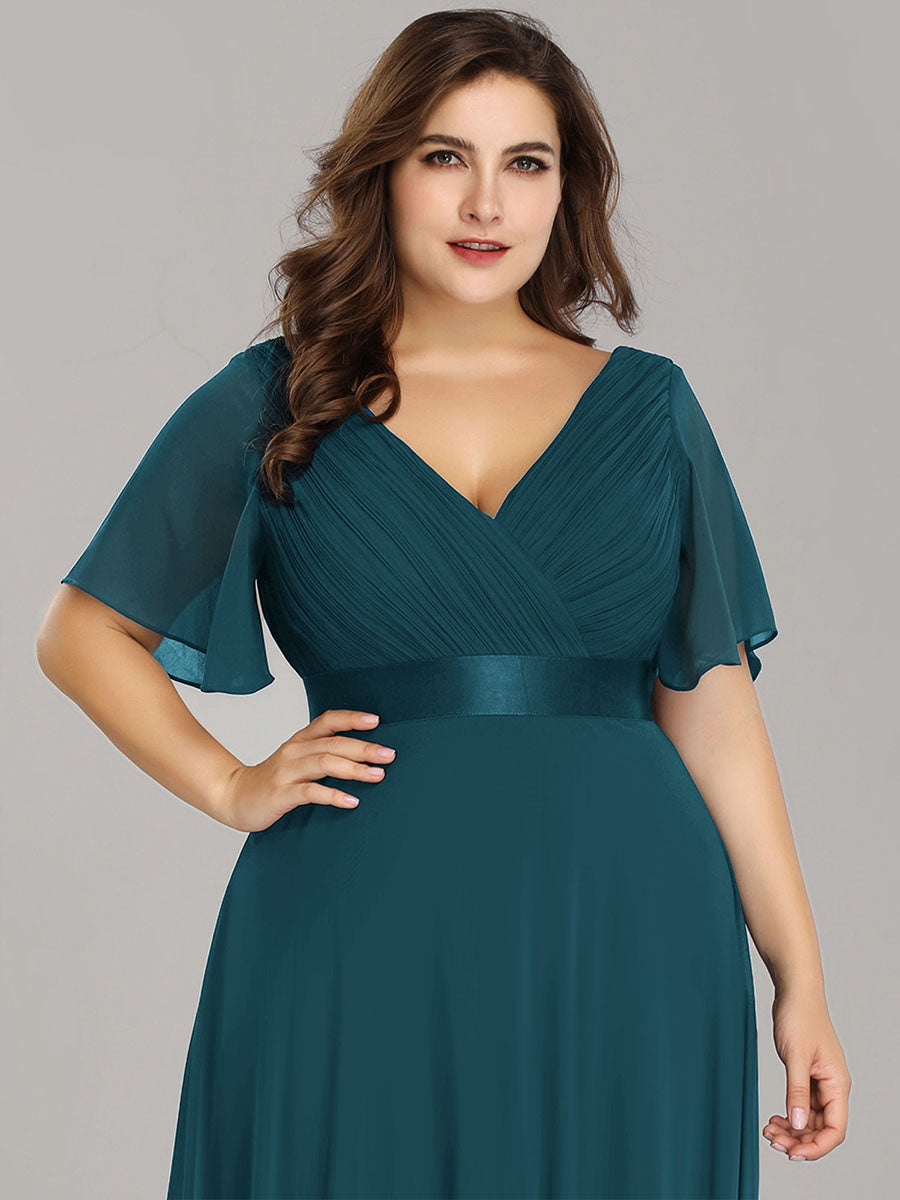 Damen V-Ausschnitt Chiffon Lange Abendkleider mit Schleppe #Farbe_Petrol