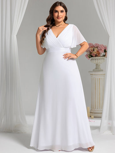 Damen V-Ausschnitt Chiffon Lange Abendkleider mit Schleppe #Farbe_Weiß