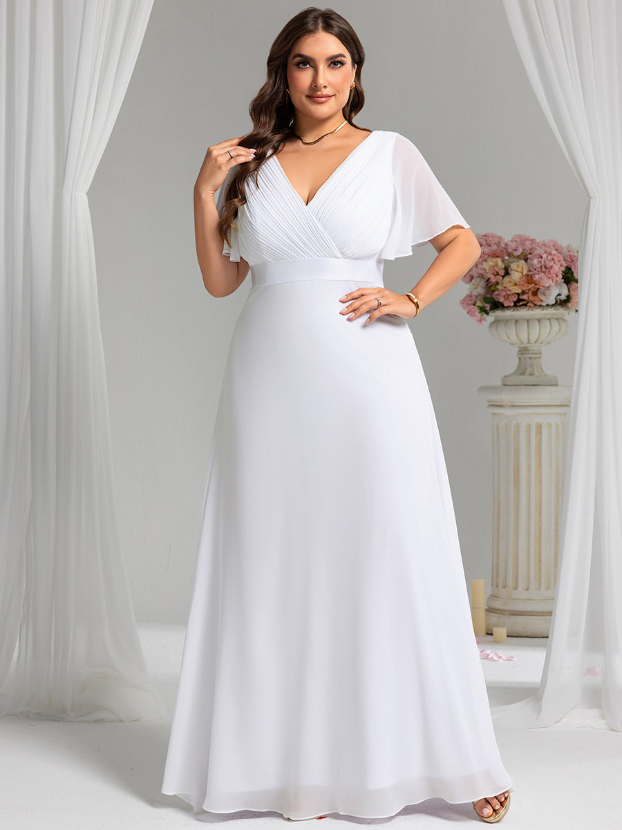 Damen V-Ausschnitt Chiffon Lange Abendkleider mit Schleppe #Farbe_Weiß