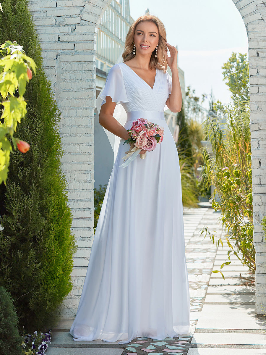 Minimalistisches A-Line Maxi Chiffon Brautkleid mit Satingürtel #Farbe_Weiß