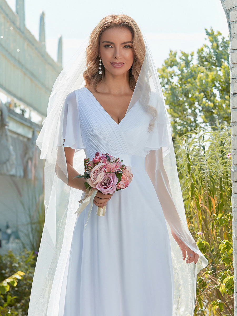 Minimalistisches A-Line Maxi Chiffon Brautkleid mit Satingürtel #Farbe_Weiß