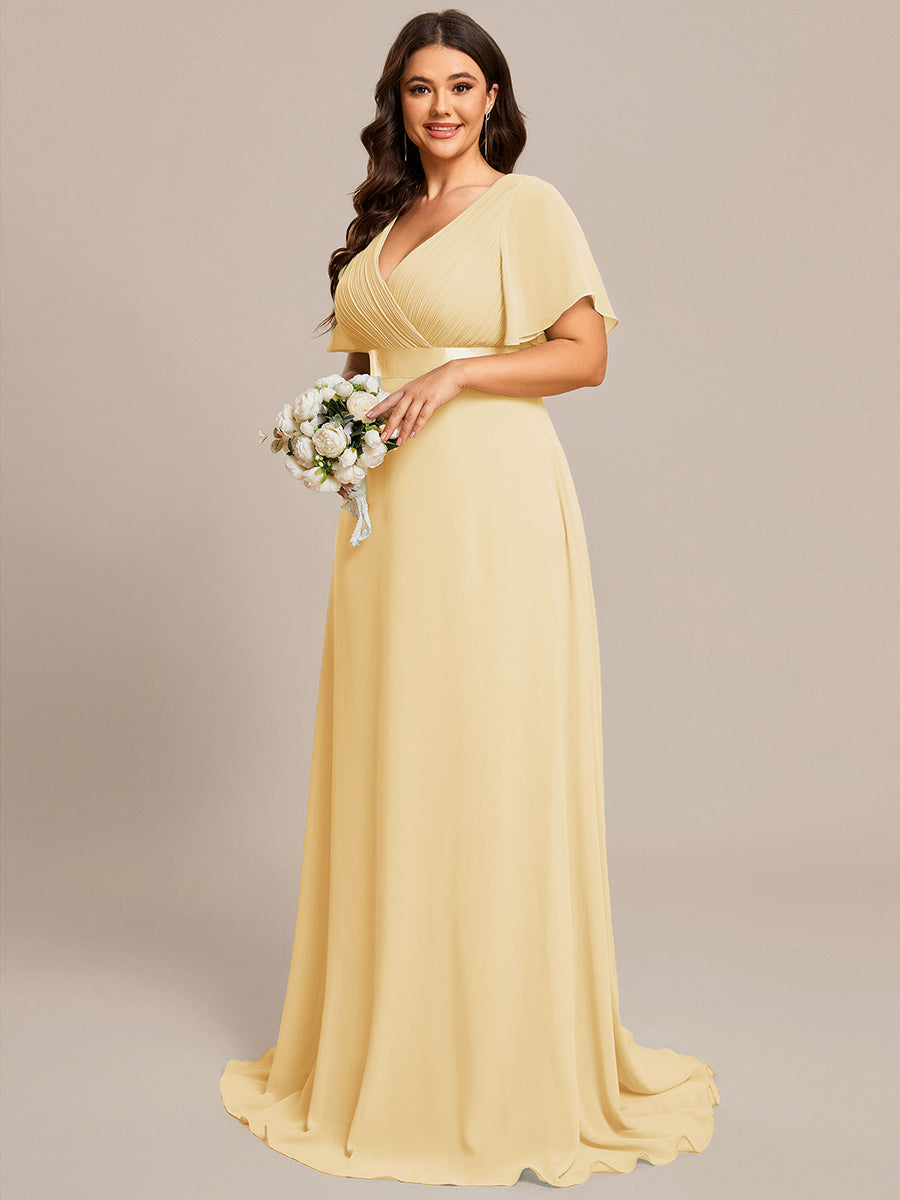 Damen V-Ausschnitt Chiffon Lange Abendkleider mit Schleppe #Farbe_Gelb