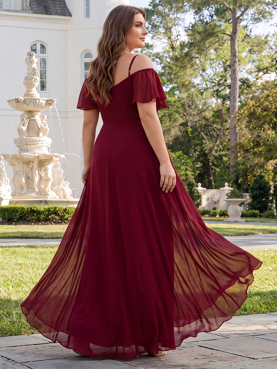 Bodenlanger Offshoulder A-Linien Chiffon Kleid Mit Hohem Schlitz #Farbe_Burgunderrot