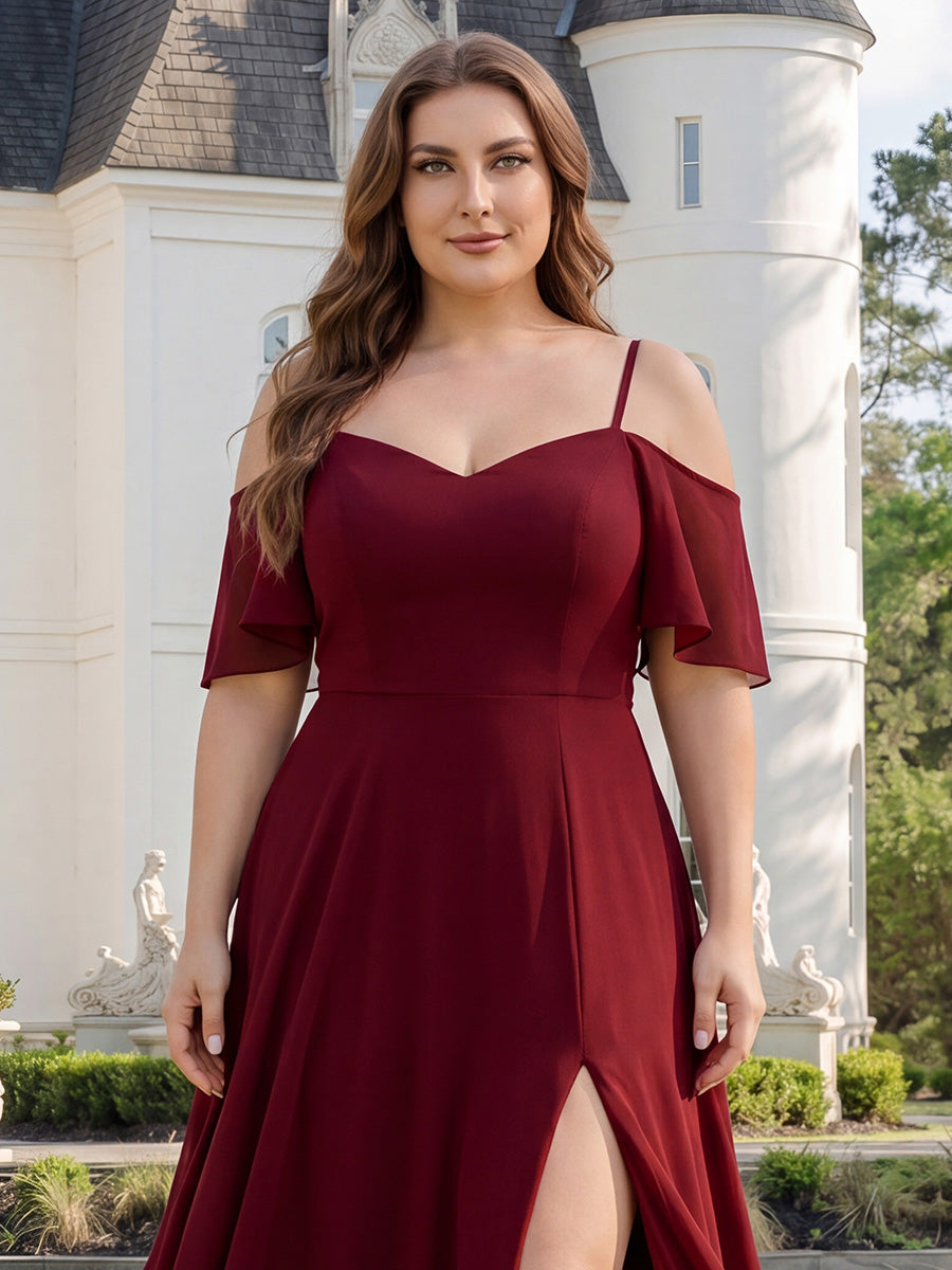 Bodenlanger Offshoulder A-Linien Chiffon Kleid Mit Hohem Schlitz #Farbe_Burgunderrot