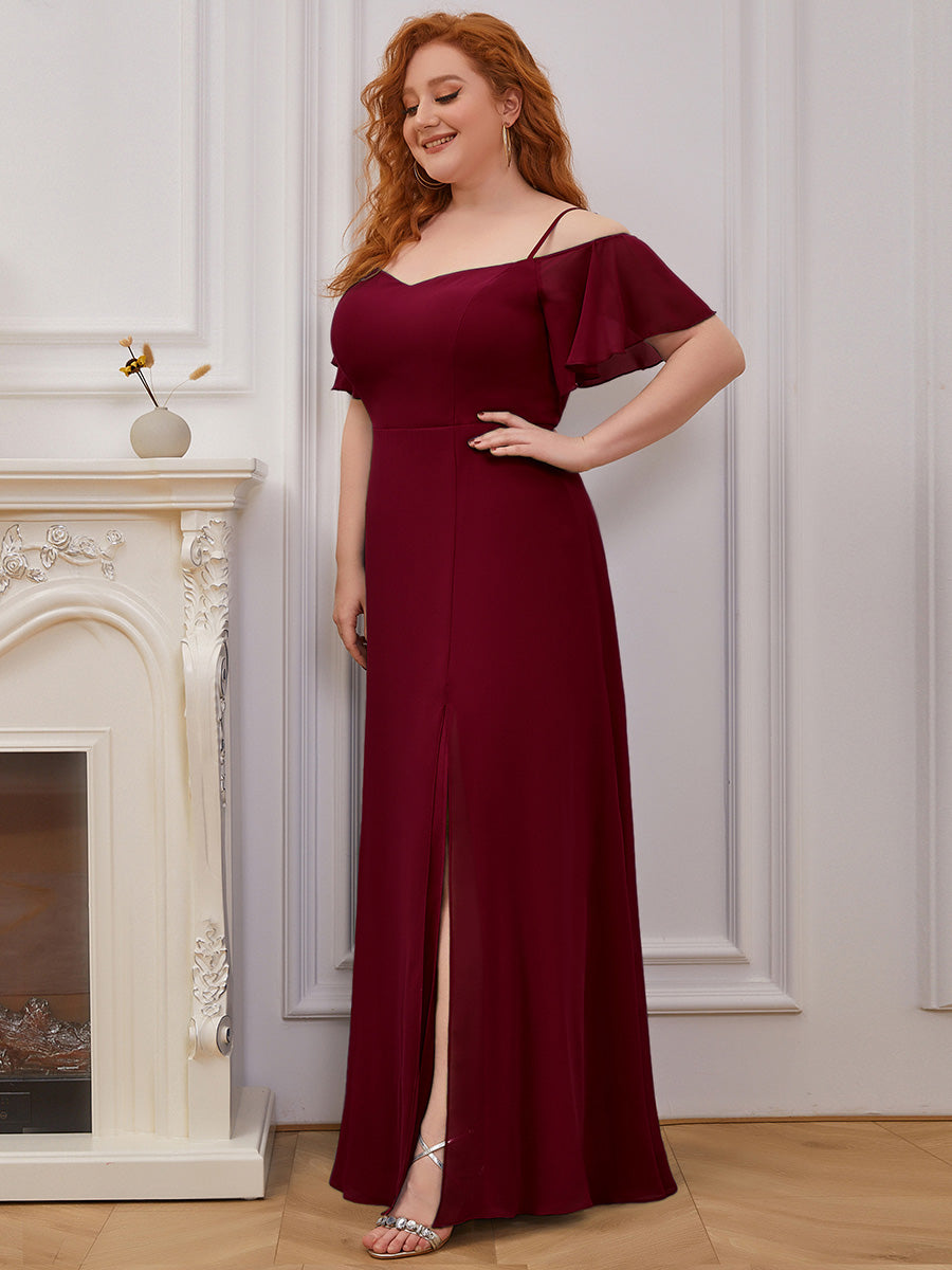 Bodenlanger Offshoulder A-Linien Chiffon Kleid Mit Hohem Schlitz #Farbe_Burgunderrot