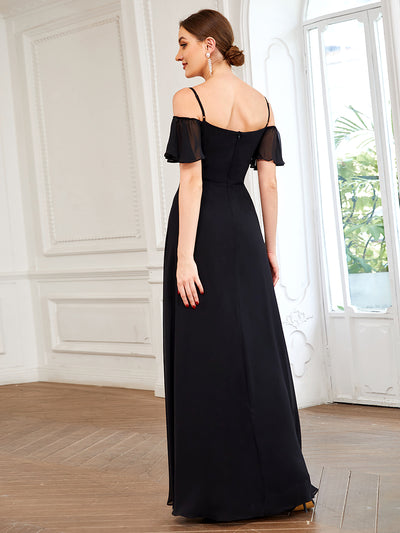 Bodenlanger Offshoulder A-Linien Chiffon Kleid Mit Hohem Schlitz #Farbe_Schwarz