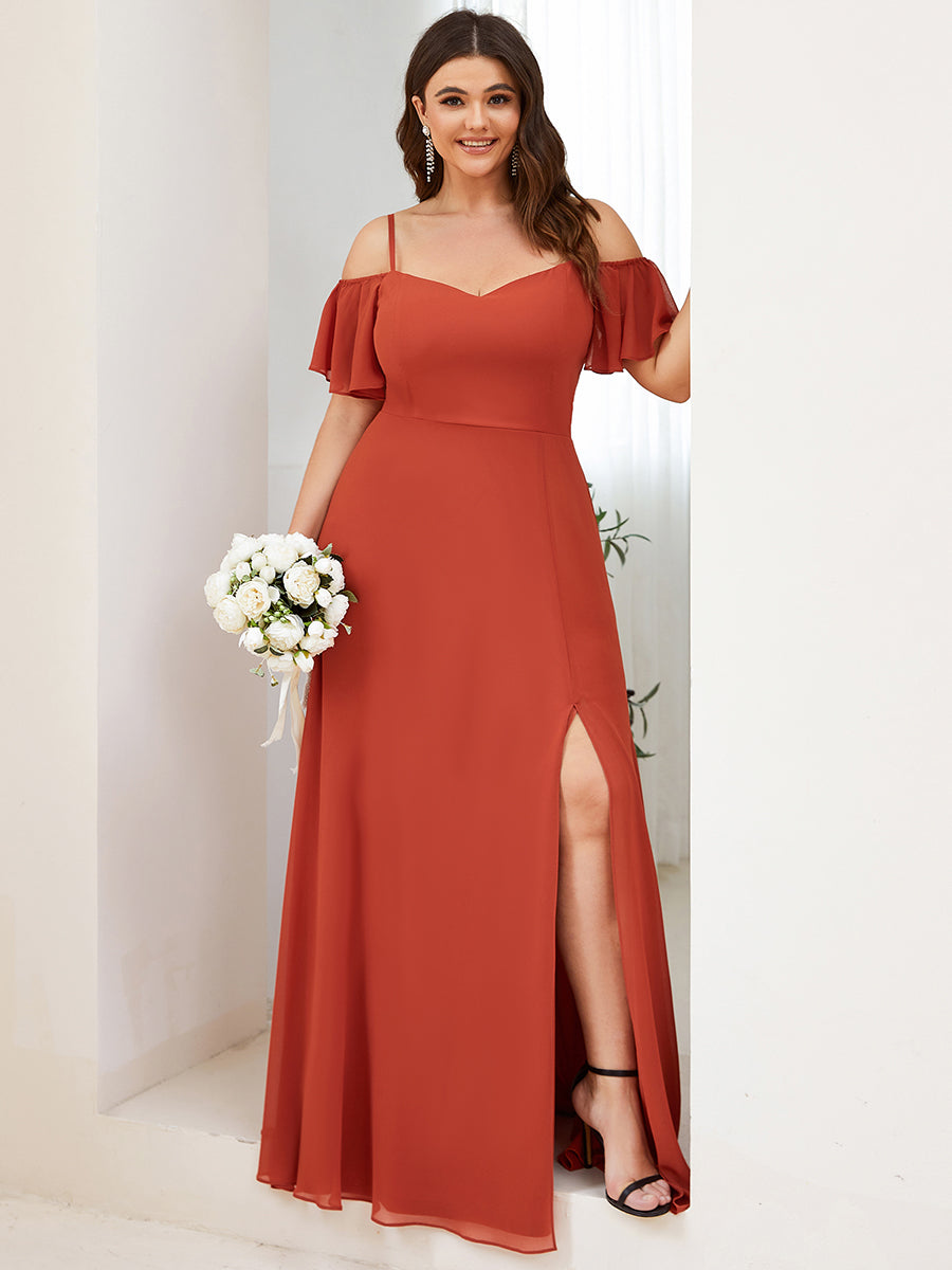 Bodenlanger Offshoulder A-Linien Chiffon Kleid Mit Hohem Schlitz #Farbe_Gebranntes Orange