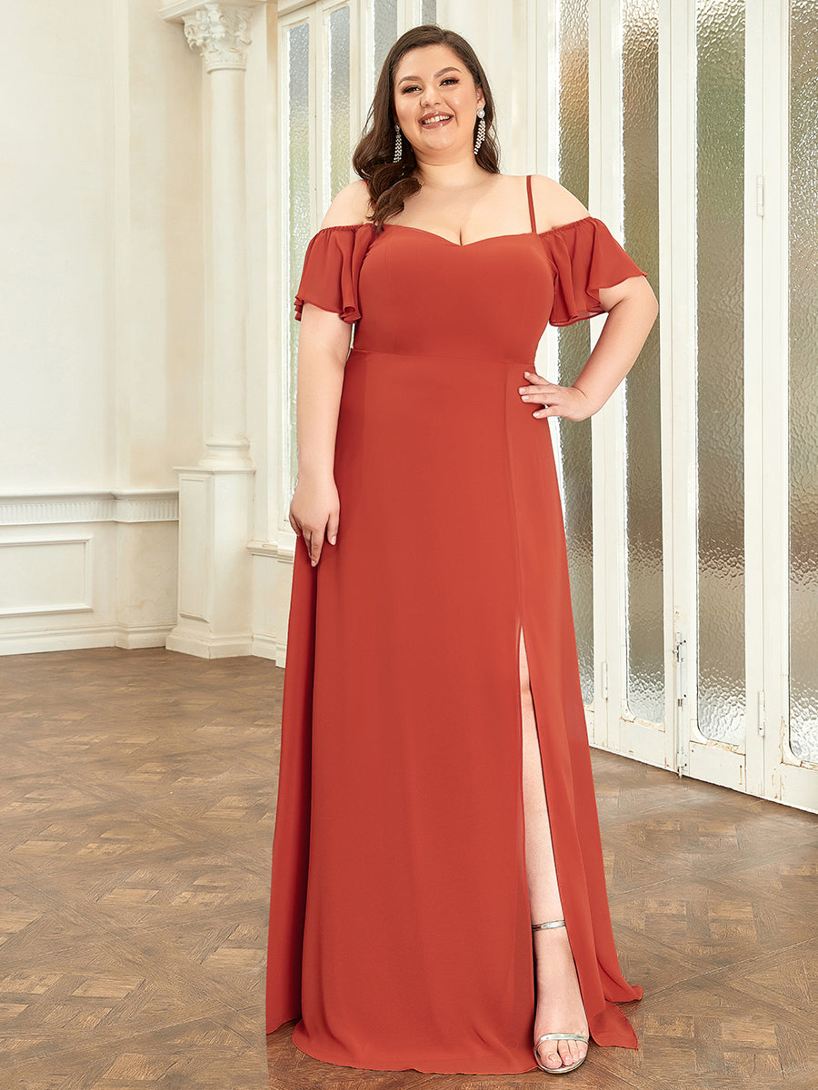 Bodenlanger Offshoulder A-Linien Chiffon Kleid Mit Hohem Schlitz #Farbe_Gebranntes Orange