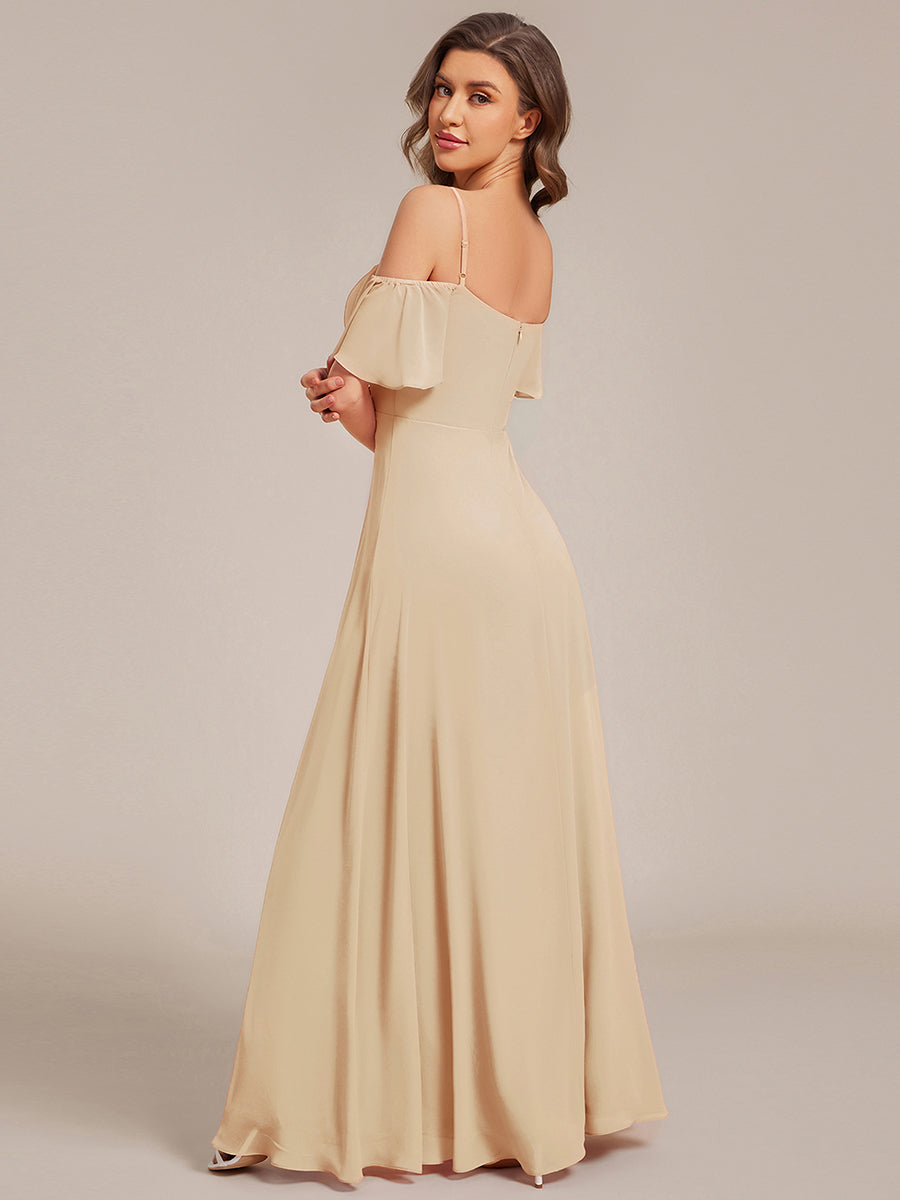 Bodenlanger Offshoulder A-Linien Chiffon Kleid Mit Hohem Schlitz #Farbe_Champagner