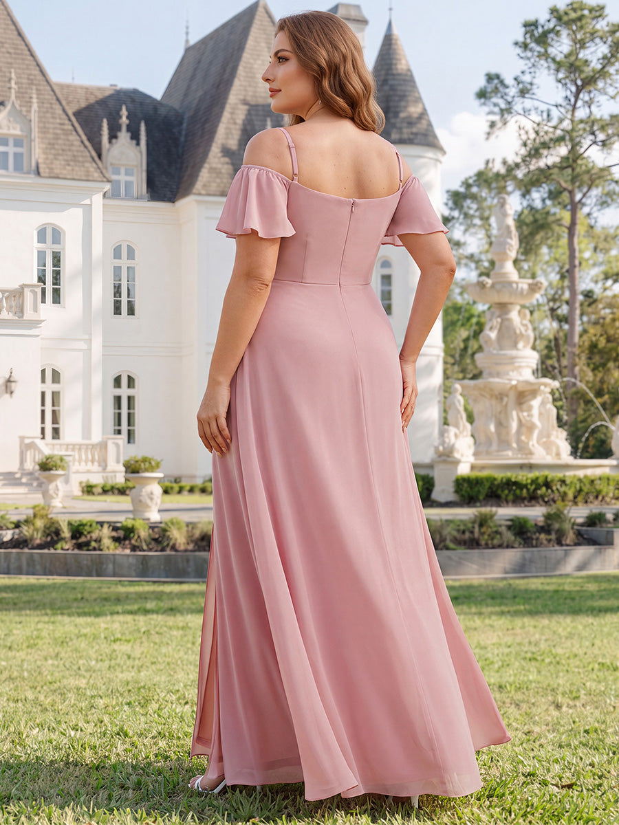 Bodenlanger Offshoulder A-Linien Chiffon Kleid Mit Hohem Schlitz #Farbe_Altrosa