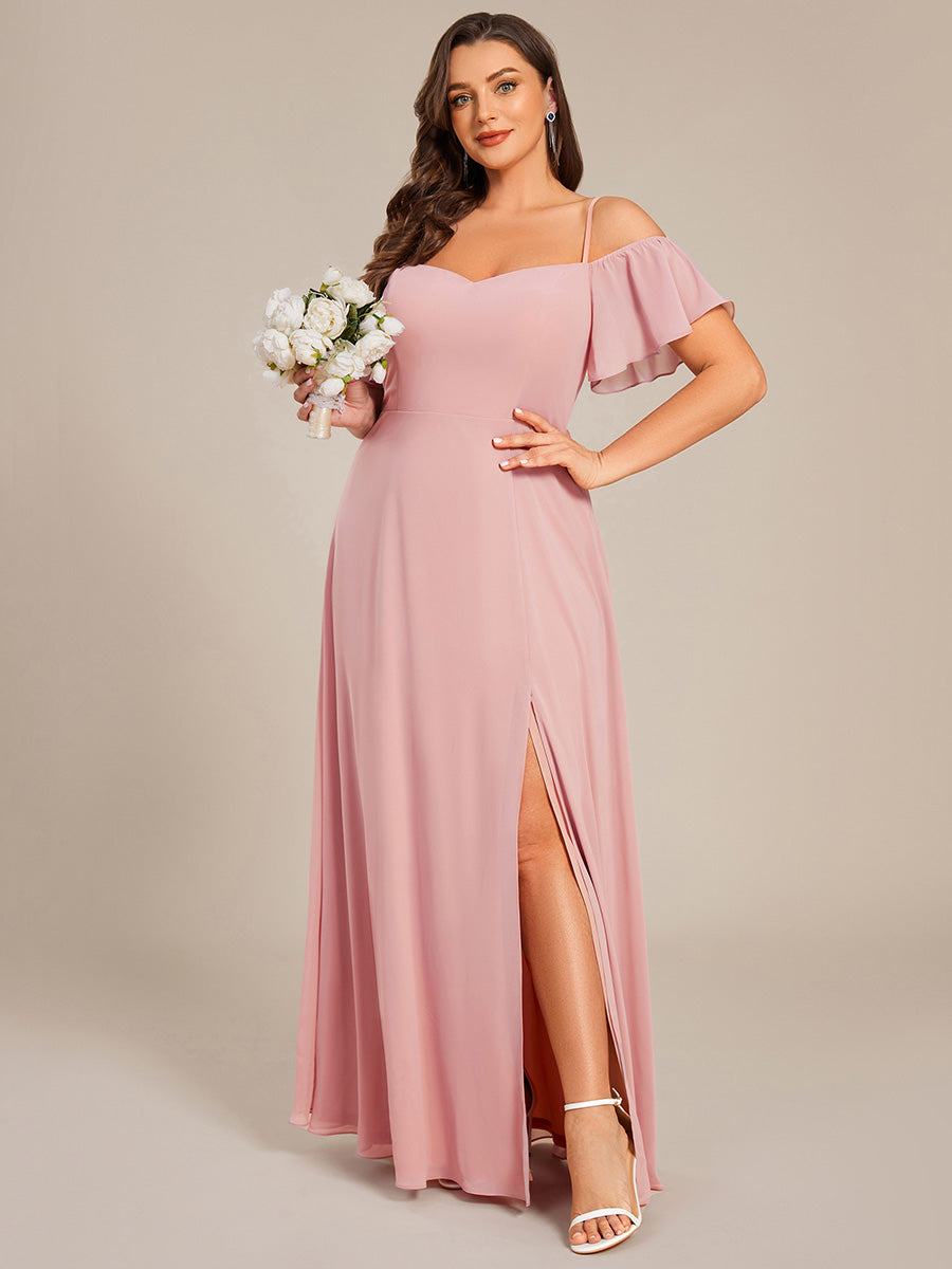 Bodenlanger Offshoulder A-Linien Chiffon Kleid Mit Hohem Schlitz #Farbe_Altrosa