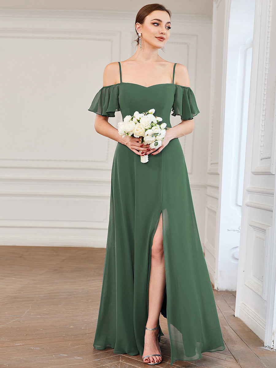 Bodenlanger Offshoulder A-Linien Chiffon Kleid Mit Hohem Schlitz #Farbe_Eukalyptus