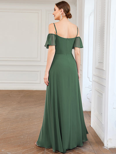 Bodenlanger Offshoulder A-Linien Chiffon Kleid Mit Hohem Schlitz #Farbe_Eukalyptus