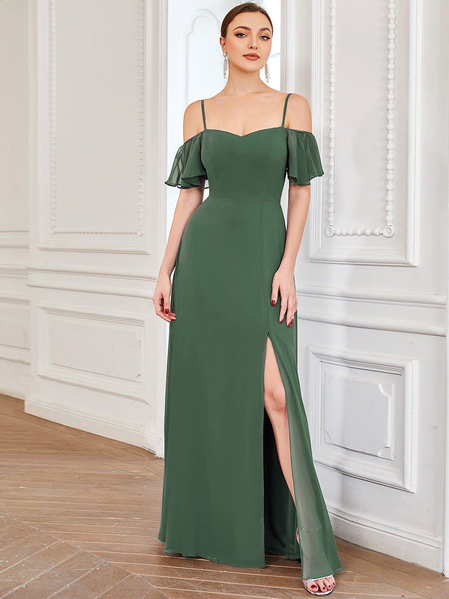 Bodenlanger Offshoulder A-Linien Chiffon Kleid Mit Hohem Schlitz #Farbe_Eukalyptus