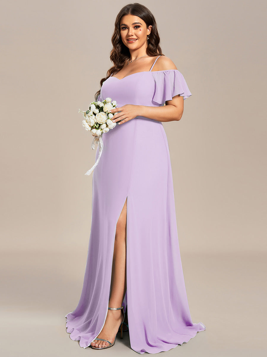 Bodenlanger Offshoulder A-Linien Chiffon Kleid Mit Hohem Schlitz #Farbe_Mattflieder