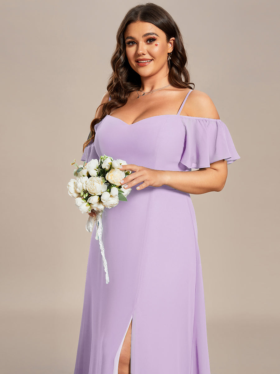 Bodenlanger Offshoulder A-Linien Chiffon Kleid Mit Hohem Schlitz #Farbe_Mattflieder