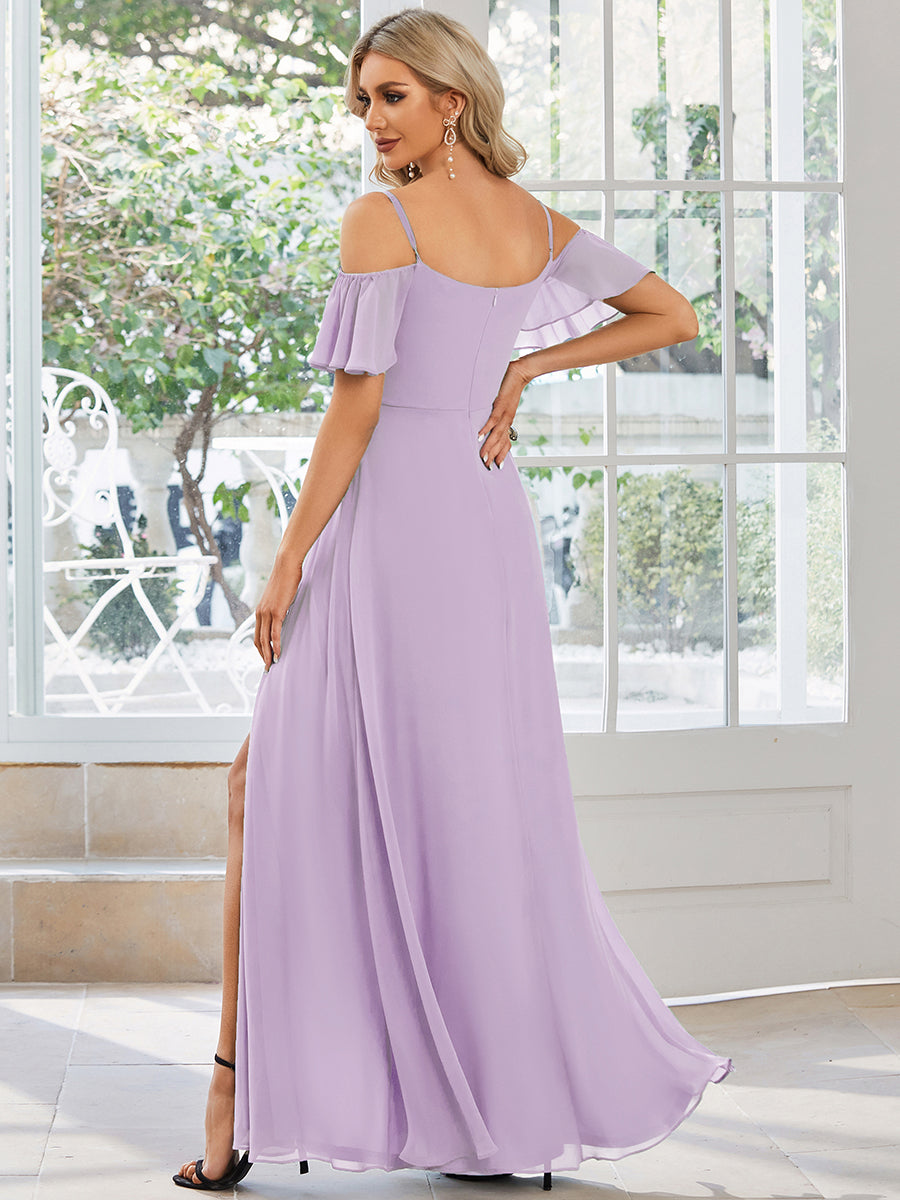 Bodenlanger Offshoulder A-Linien Chiffon Kleid Mit Hohem Schlitz #Farbe_Mattflieder