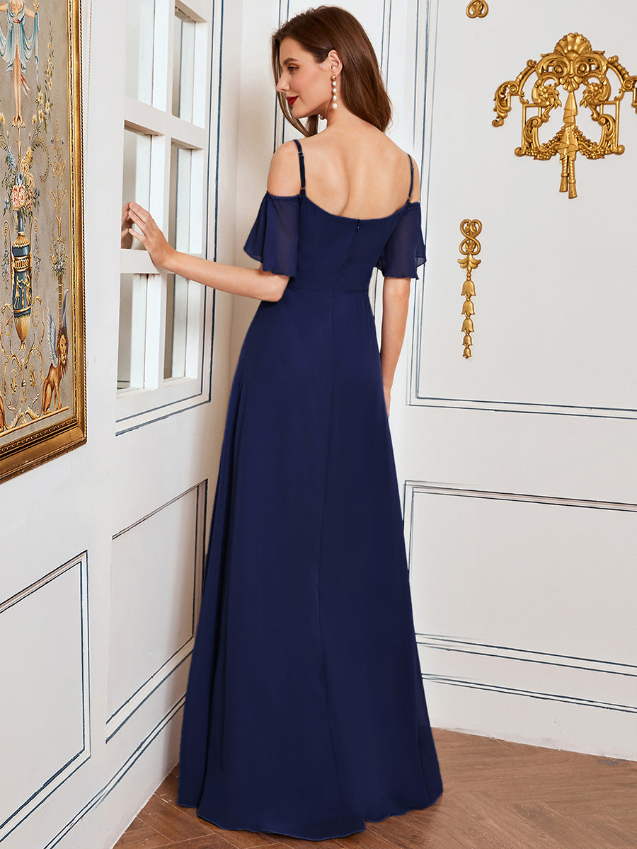 Bodenlanger Offshoulder A-Linien Chiffon Kleid Mit Hohem Schlitz #Farbe_Marineblau