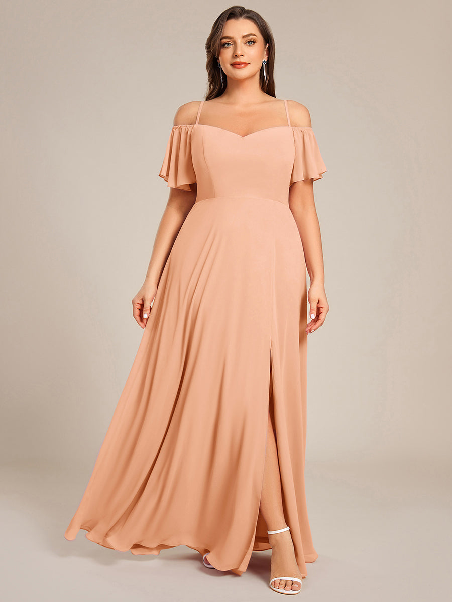 Bodenlanger Offshoulder A-Linien Chiffon Kleid Mit Hohem Schlitz #Farbe_Pfirsich