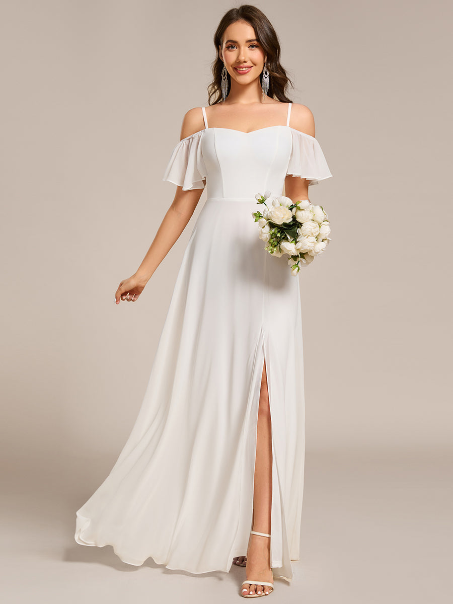 Bodenlanger Offshoulder A-Linien Chiffon Kleid Mit Hohem Schlitz #Farbe_Weiß