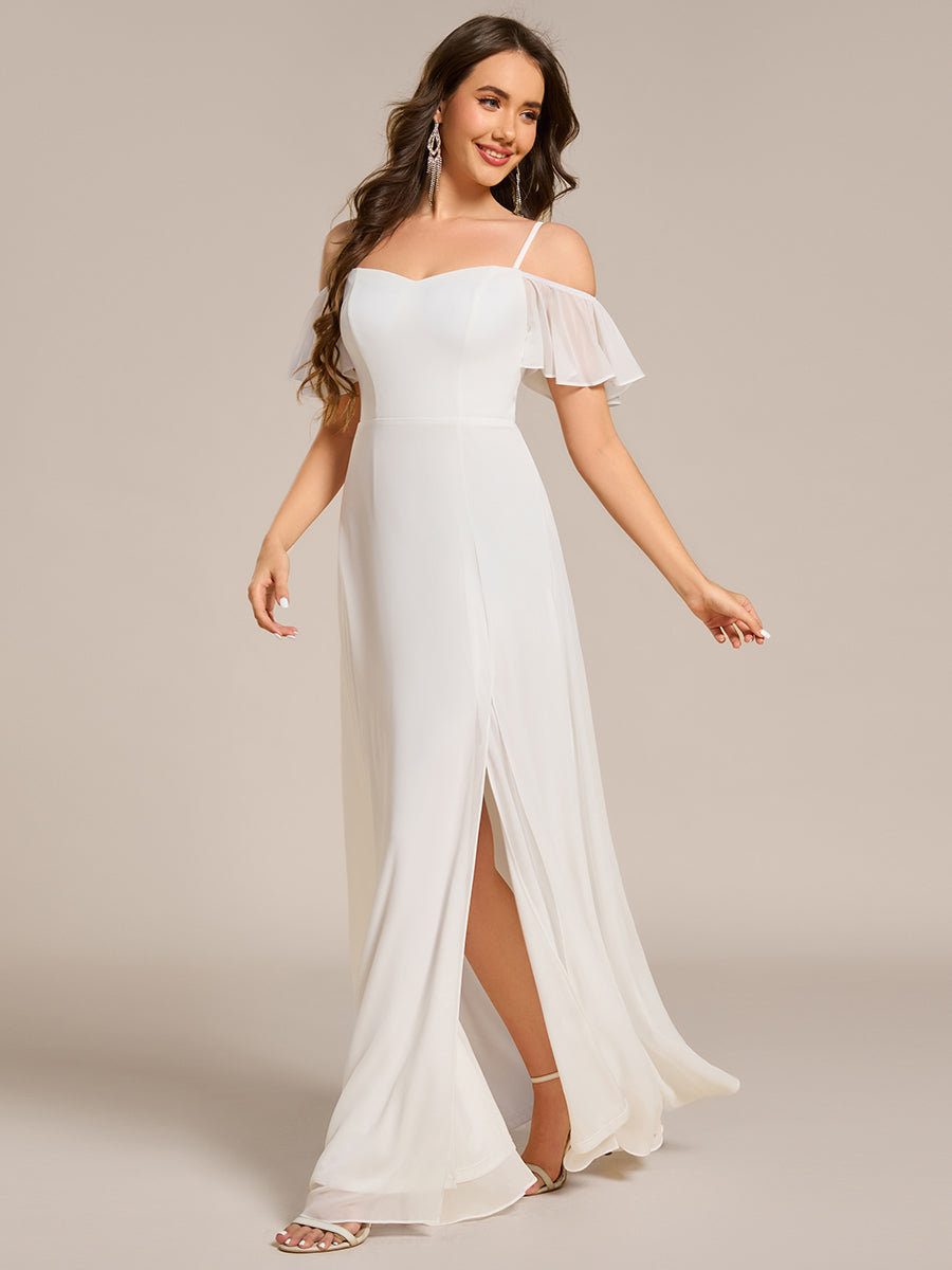 Bodenlanger Offshoulder A-Linien Chiffon Kleid Mit Hohem Schlitz #Farbe_Weiß