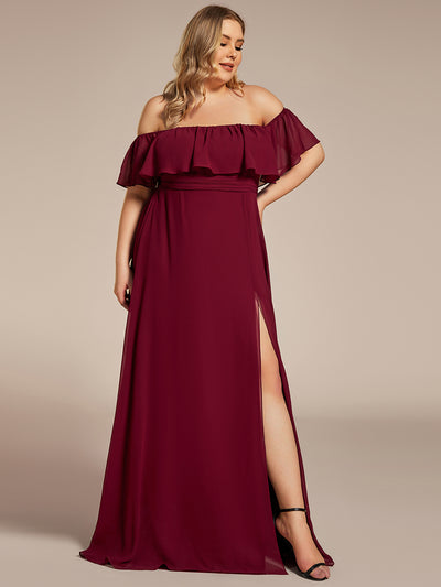 Bodenlanger Offshoulder A-Linie Chiffon Kleid Mit Falten Design Und Oberschenkel Hohem Schlitz #Farbe_Burgunderrot