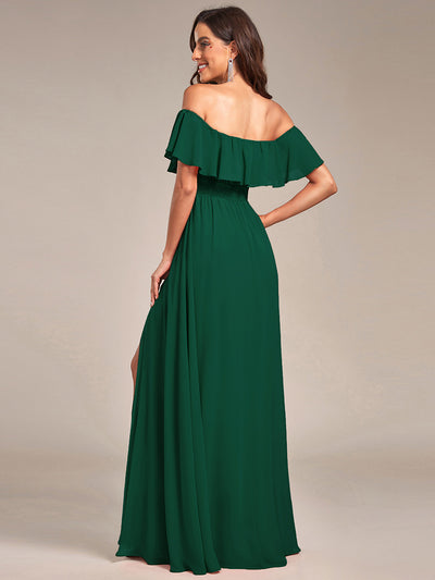 Bodenlanger Offshoulder A-Linie Chiffon Kleid Mit Falten Design Und Oberschenkel Hohem Schlitz #Farbe_Dunkelgrün