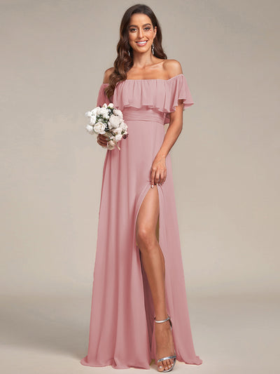 Bodenlanger Offshoulder A-Linie Chiffon Kleid Mit Falten Design Und Oberschenkel Hohem Schlitz #Farbe_Altrosa