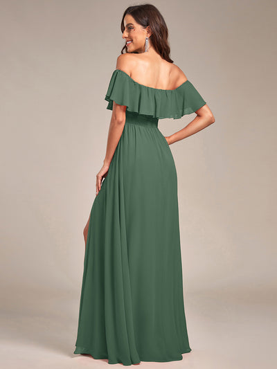Bodenlanger Offshoulder A-Linie Chiffon Kleid Mit Falten Design Und Oberschenkel Hohem Schlitz #Farbe_Eukalyptus