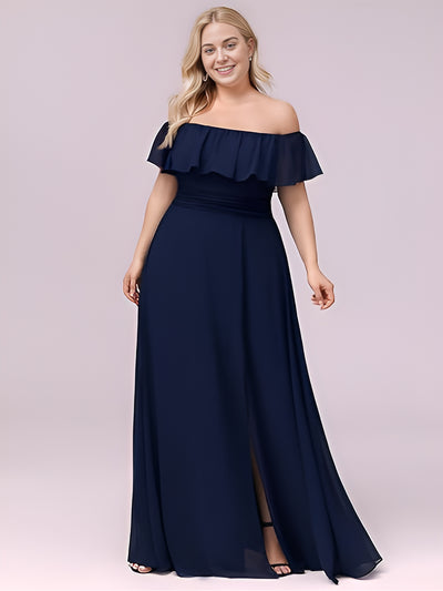 Bodenlanger Offshoulder A-Linie Chiffon Kleid Mit Falten Design Und Oberschenkel Hohem Schlitz #Farbe_Marineblau